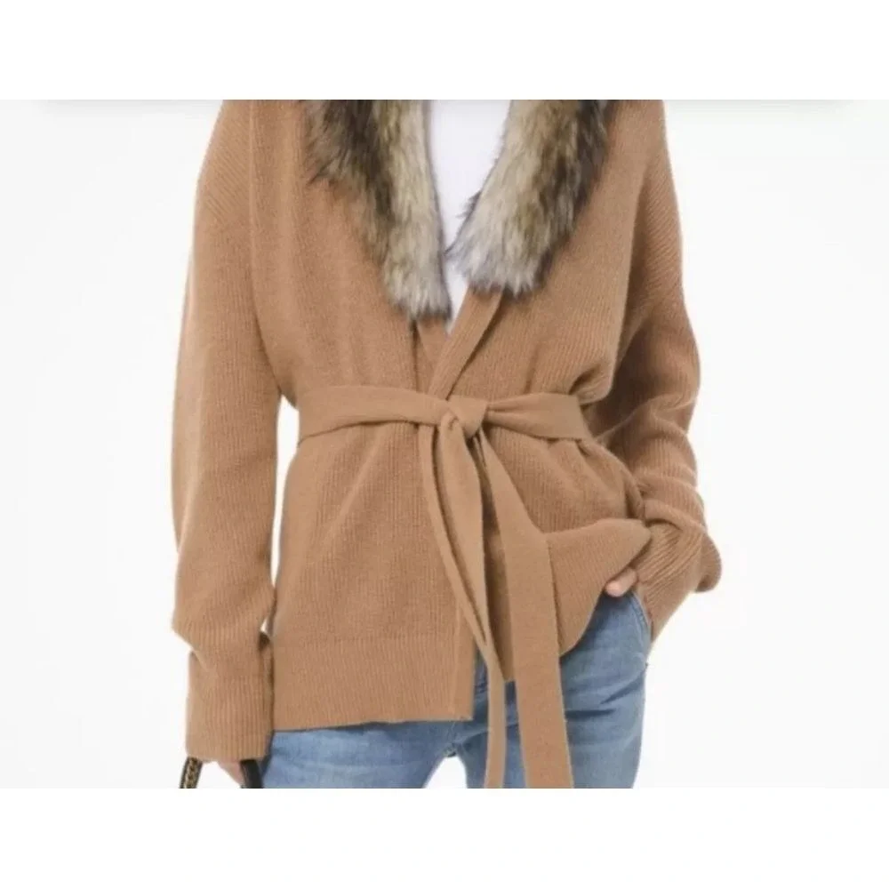 Michael Kors Camel Wrap Cardigan with Faux-Fur Shawl Collar
